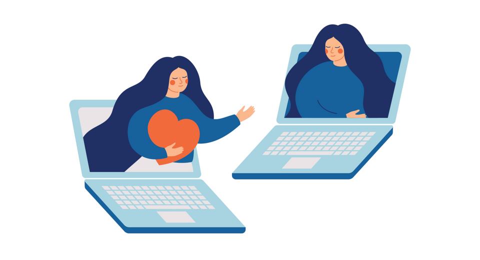 Women holding a heart as she reaches out of a laptop screen to another woman who appears at a laptop screen.